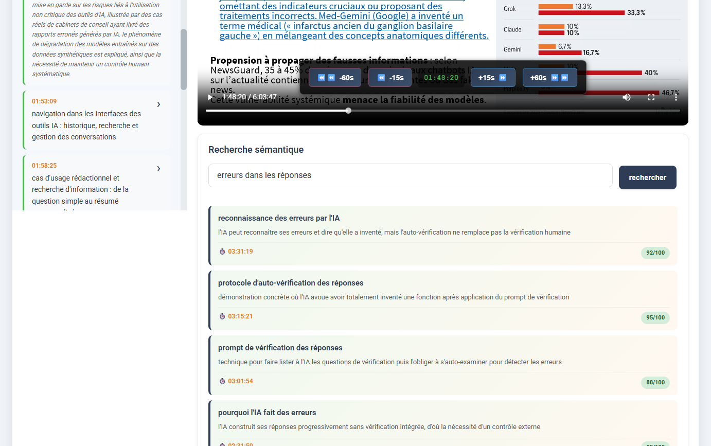 Recherche sémantique lereplay : résultats avec timestamps et scores de pertinence
