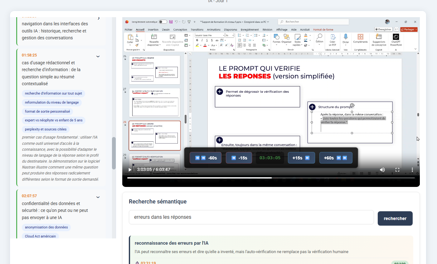 Interface stagiaire lereplay : sommaire chapitré, lecteur vidéo et contrôles de précision
