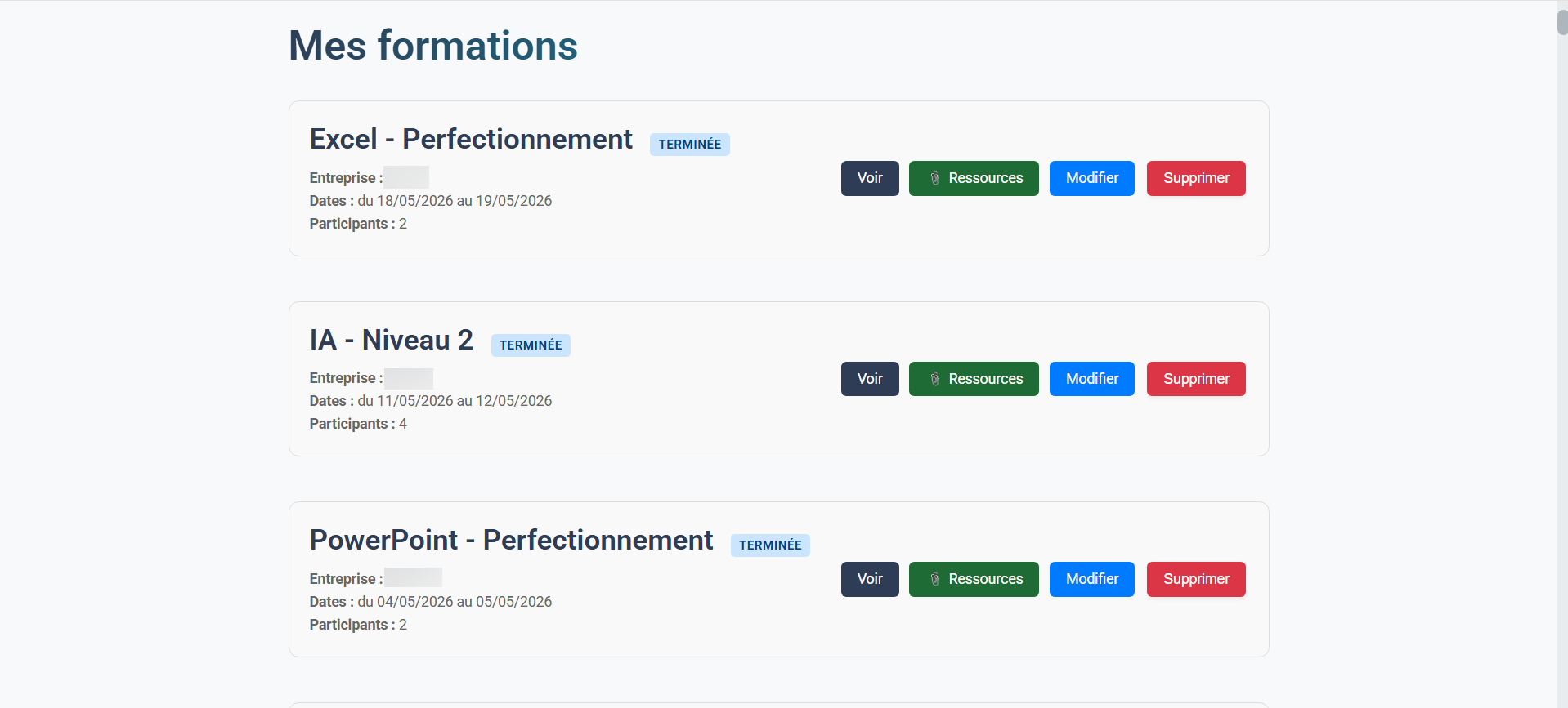 Interface formateur lereplay : liste des formations avec statuts et actions