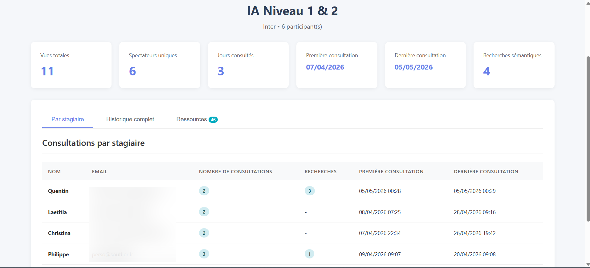 Interface formateur lereplay : historique des accès stagiaires