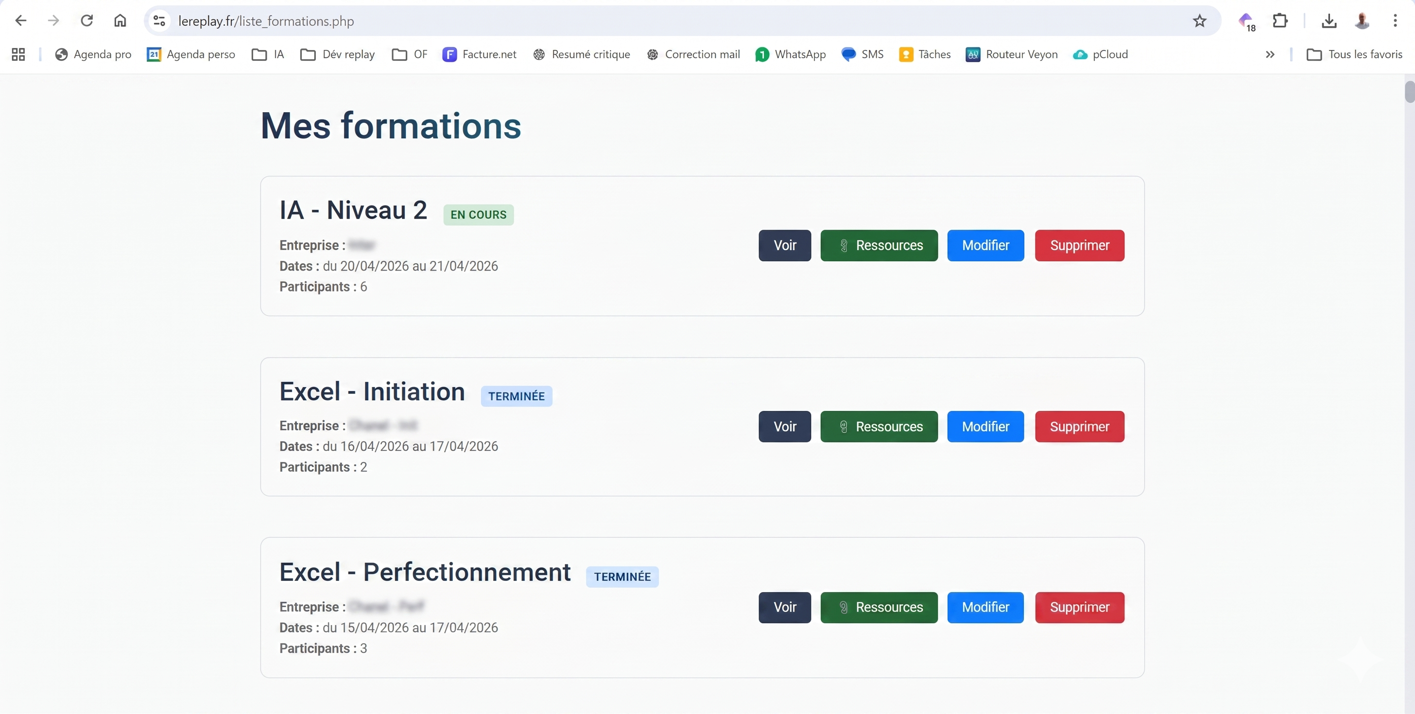 Page de gestion des formations lereplay : liste des sessions avec statuts et actions